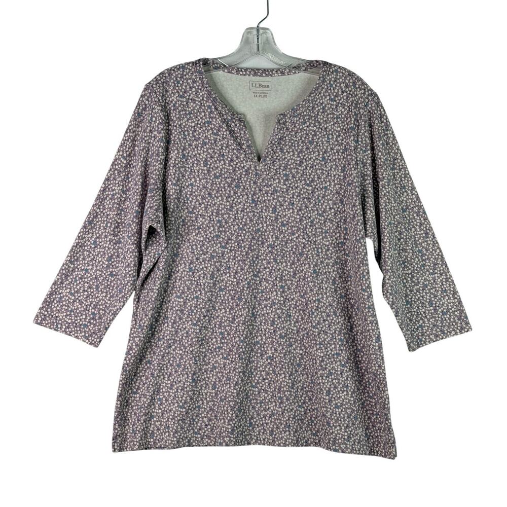 L.L. Bean 3/4 Sleeve Split Neck Ditsy Floral Pullover Top Purple 1X Plus Cotton